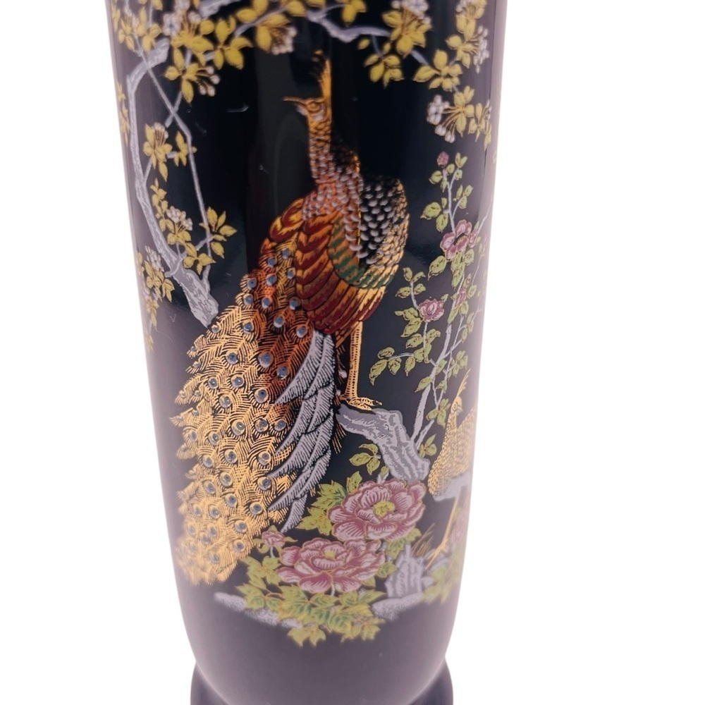 Vintage Otagiri Japan Peacock Crown Iris Black Gold Ceramic Bud Vase 6.5 In - Picture 5 of 13